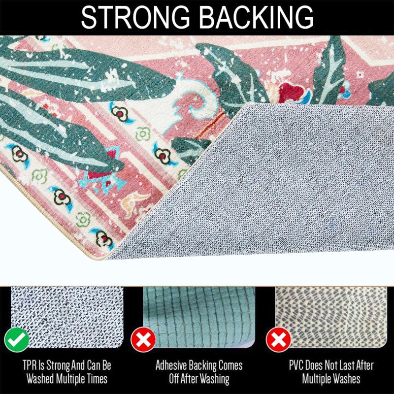 Aldopein Hippie Rugs, 2x3 Faux Wool Tropical Pink Boho Throw Rugs for Bathroom Kitchen Small Indoor Entryway Rug Modern Vintage Distressed Indian Accent Floor Mat Non-Slip Washable - Image 4