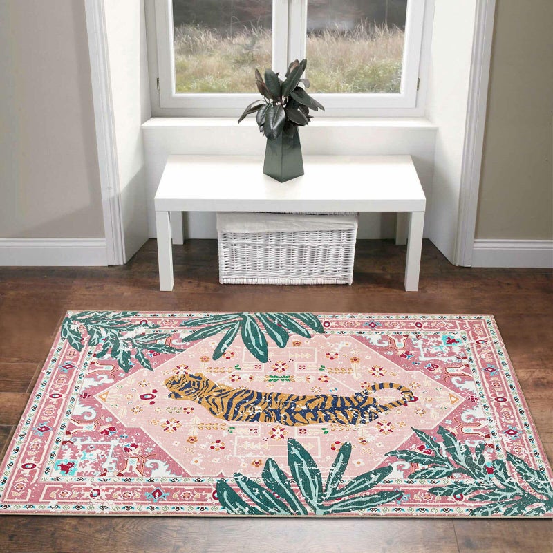 Aldopein Hippie Rugs, 2x3 Faux Wool Tropical Pink Boho Throw Rugs for Bathroom Kitchen Small Indoor Entryway Rug Modern Vintage Distressed Indian Accent Floor Mat Non-Slip Washable - Image 3