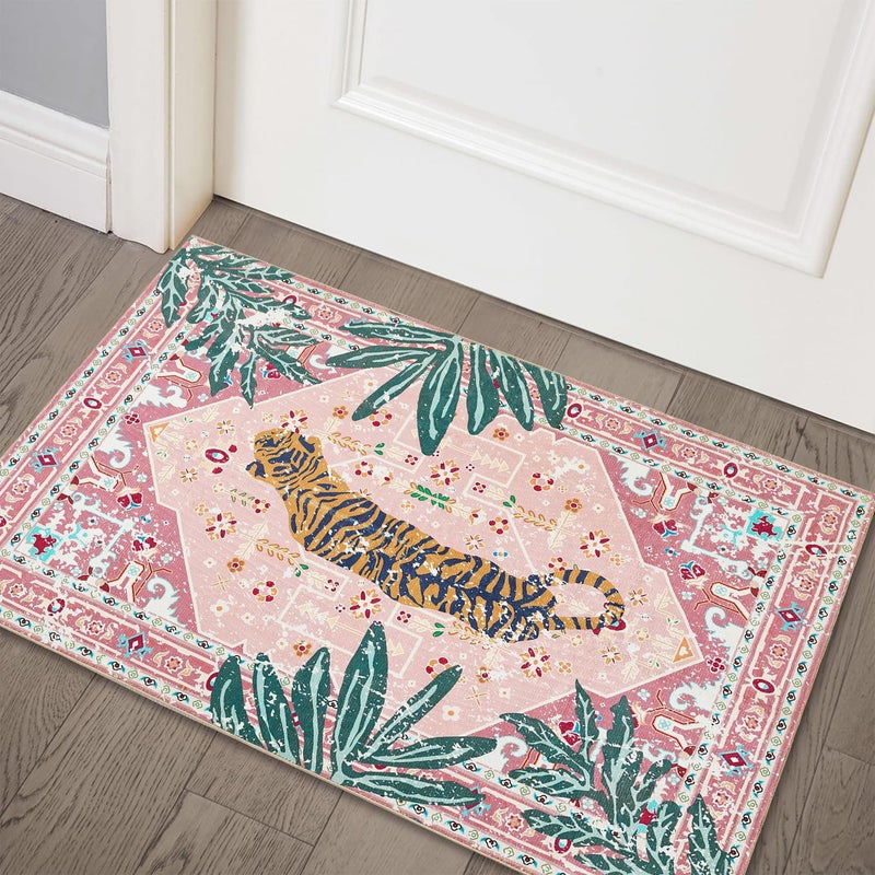 Aldopein Hippie Rugs, 2x3 Faux Wool Tropical Pink Boho Throw Rugs for Bathroom Kitchen Small Indoor Entryway Rug Modern Vintage Distressed Indian Accent Floor Mat Non-Slip Washable - Image 1