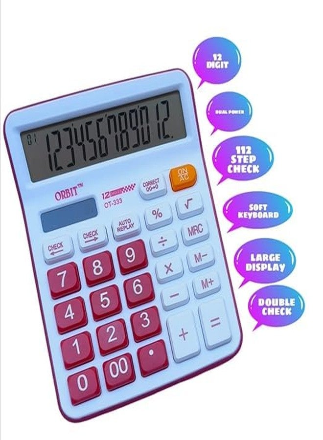 ADOERE Solar & Bettary Operated Calculator with 12-Digit Large LCD Display & Buttons for School, Home, and Office (OT-333) (Red) - Image 3