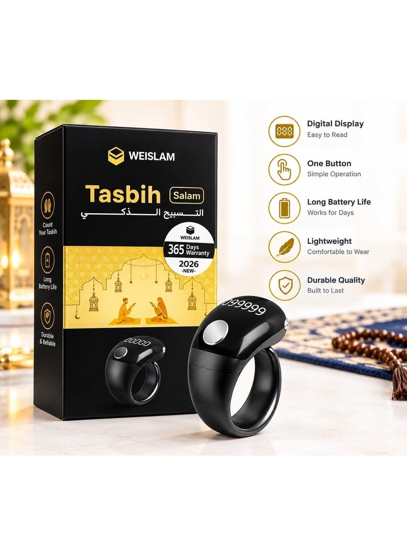 WESLAMIC Tasbih Zikr Smart Ring, Adjustable Counter, Size (18 and 20mm and 22mm), APP Support Digital Counter Prayer Reminder Ring, Waterproof Counter Zikr Ring, For Muslims (Black) - Image 1