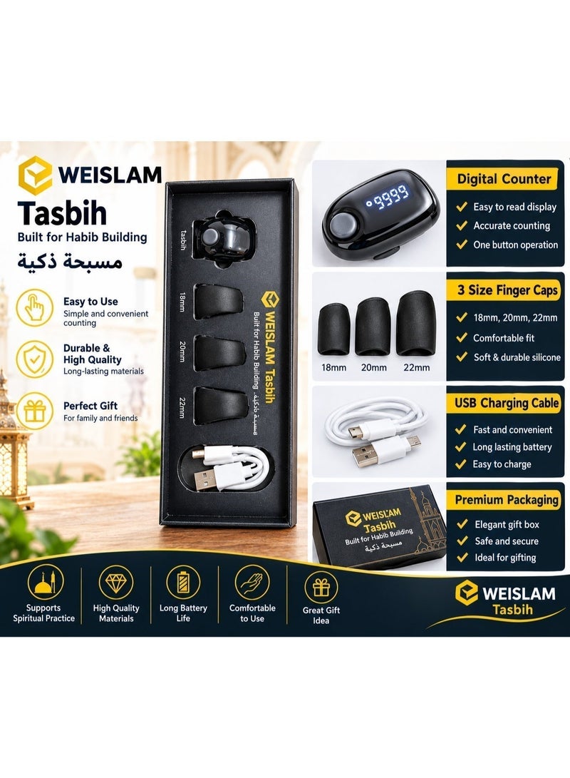 ويسلاميك خاتم التسبيح الذكي، عداد ذكر قابل للتعديل، متوفر بمقاسات 18 مم و20 مم و22 مم، يدعم التطبيق الذكي (APP)، خاتم رقمي لتسبيح وذكر الله مع تذكير بمواعيد الصلاة، مقاوم للماء، مناسب للمسلمين – اللون الأسود - Image 5