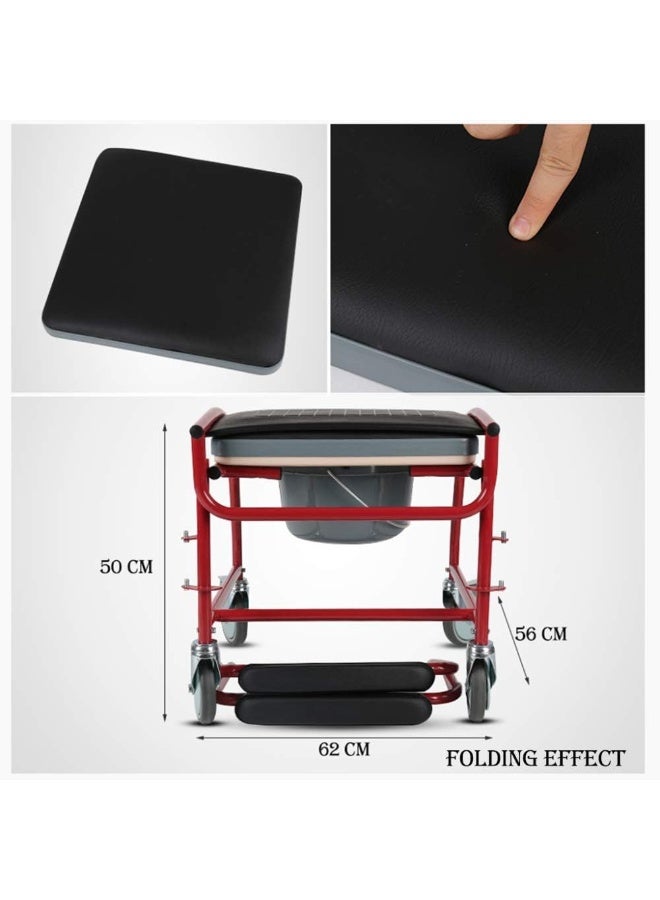 Media Chair Commode Elderly Commode Seat with Wheels Foldable Home Wheelchair Removable Bathroom Pregnant Bath, Red,Portable - Image 3