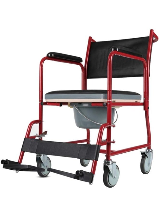 Media Chair Commode Elderly Commode Seat with Wheels Foldable Home Wheelchair Removable Bathroom Pregnant Bath, Red,Portable - Image 1