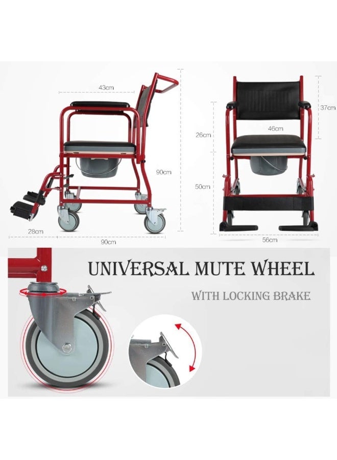 Media Chair Commode Elderly Commode Seat with Wheels Foldable Home Wheelchair Removable Bathroom Pregnant Bath, Red,Portable - Image 4
