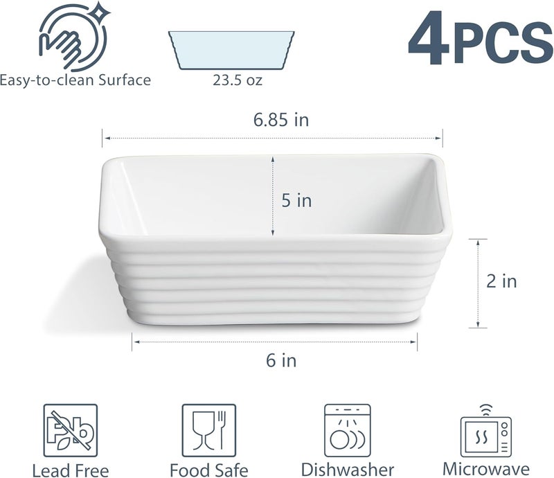 ONEMORE طبق خبز صغير مستطيل من السيراميك للفرن أطباق كاسرول فردية لفرن التوستر 5x7 طبق لازانيا صغير عميق آمن للاستخدام في الفرن 12 شخص مجموعة أطباق خبز من 4 بيضاء - Image 4