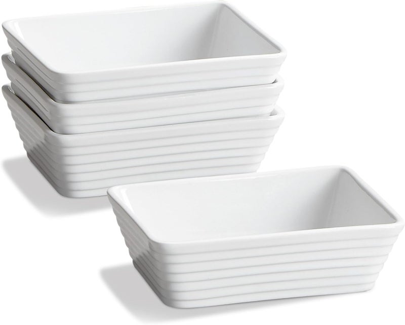 ONEMORE طبق خبز صغير مستطيل من السيراميك للفرن أطباق كاسرول فردية لفرن التوستر 5x7 طبق لازانيا صغير عميق آمن للاستخدام في الفرن 12 شخص مجموعة أطباق خبز من 4 بيضاء - Image 1