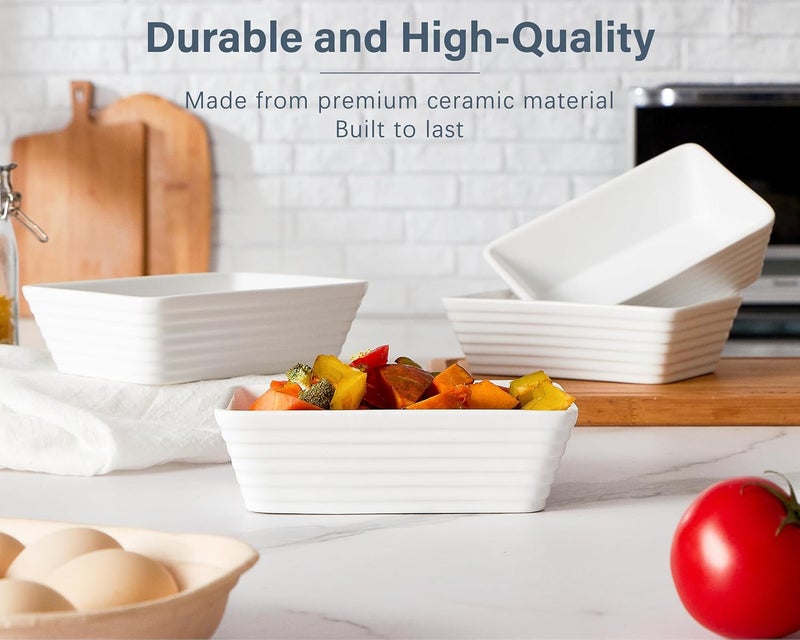 ONEMORE طبق خبز صغير مستطيل من السيراميك للفرن أطباق كاسرول فردية لفرن التوستر 5x7 طبق لازانيا صغير عميق آمن للاستخدام في الفرن 12 شخص مجموعة أطباق خبز من 4 بيضاء - Image 5