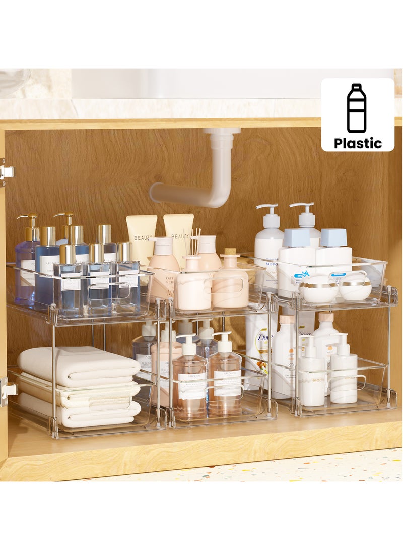 في توب مارت Vtopmart مجموعة من 3 قطع منظم حمام ثنائي الطوابق، وحدة تخزين بلاستيكية شفافة تحت الحوض للطاولة والمطبخ، رفوف موفرة للمساحة لمستلزمات الحمام ومنتجات التنظيف والمزيد - Image 1
