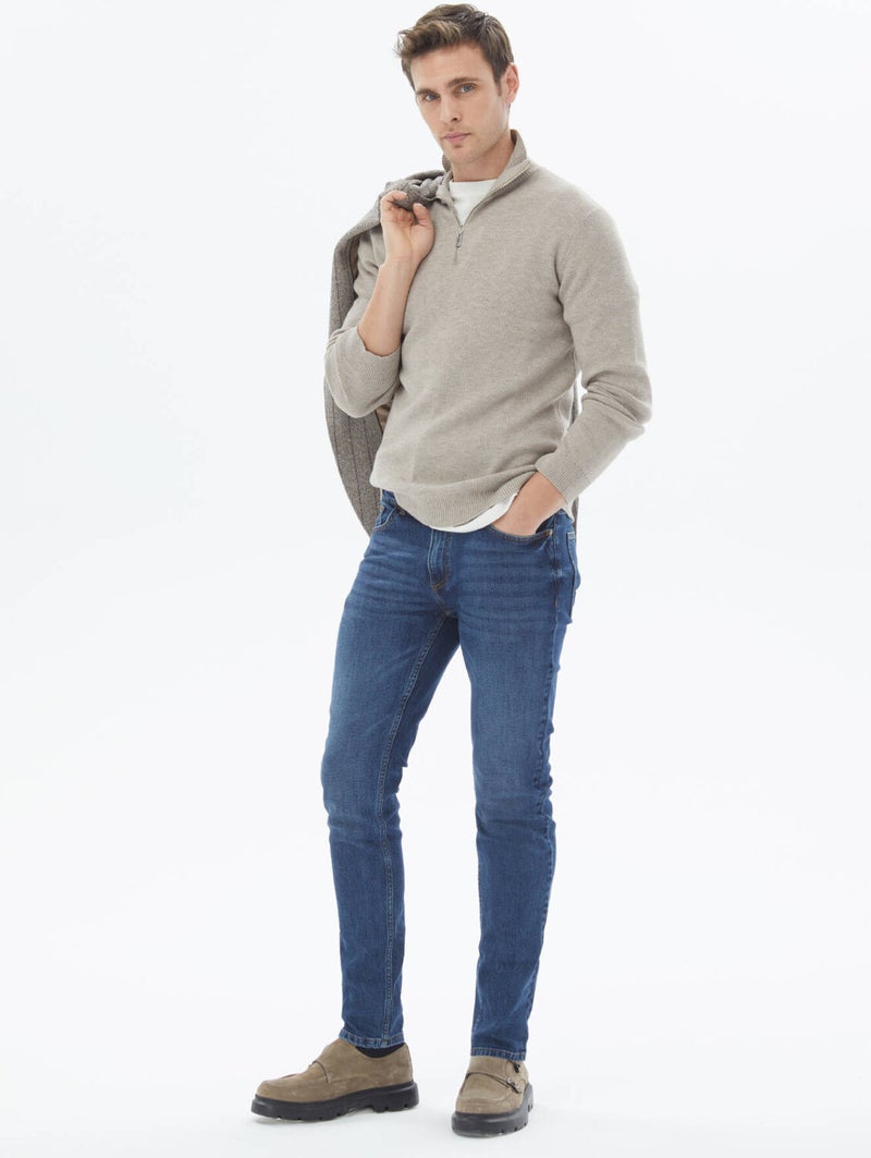 Kip Navy Blue Slim Fit Denim Cotton Blend Trousers  - Image 1