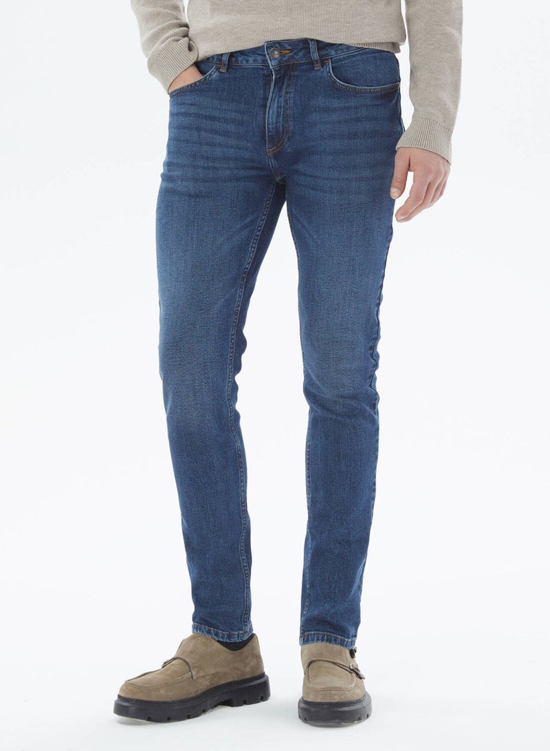 Kip Navy Blue Slim Fit Denim Cotton Blend Trousers  - Image 3