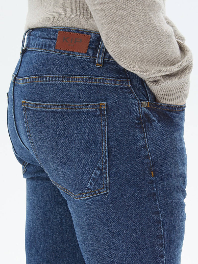 Kip Navy Blue Slim Fit Denim Cotton Blend Trousers  - Image 5