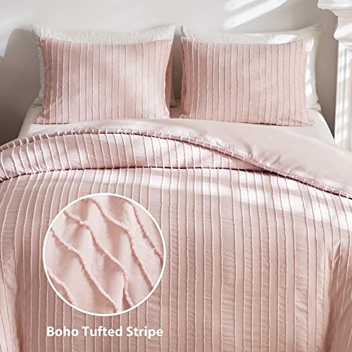 WARMDERN Pink Tufted Duvet Cover Set Queen Size, Striped Textured Duvet Cover Boho Bedding Set, 3 Pcs Ultra Soft Washed Microfiber Duvet Cover with Zipper Closure (Queen, Pink) - Image 2