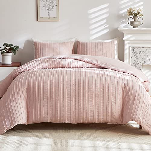 WARMDERN Pink Tufted Duvet Cover Set Queen Size, Striped Textured Duvet Cover Boho Bedding Set, 3 Pcs Ultra Soft Washed Microfiber Duvet Cover with Zipper Closure (Queen, Pink) - Image 1