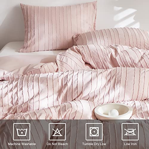 WARMDERN Pink Tufted Duvet Cover Set Queen Size, Striped Textured Duvet Cover Boho Bedding Set, 3 Pcs Ultra Soft Washed Microfiber Duvet Cover with Zipper Closure (Queen, Pink) - Image 4
