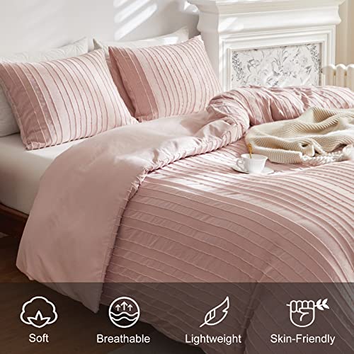 WARMDERN Pink Tufted Duvet Cover Set Queen Size, Striped Textured Duvet Cover Boho Bedding Set, 3 Pcs Ultra Soft Washed Microfiber Duvet Cover with Zipper Closure (Queen, Pink) - Image 3