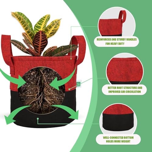 GREENSHEEP Geo Fabric Grow Bags UV Treated Gardening Cotton Pots Terrace Indoor Outdoor Home Balcony Nursery Leafy Vegetable Fruits and Flower (Black & Red Round 400 GSM Size 6x6 Pack of 5) - Image 4