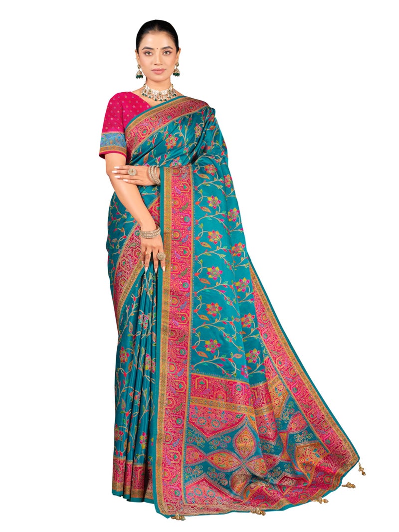 Glory Sarees Women’s Luxurious Dola Satin Pure Silk Original Saree Position Print Work Madhubani Inspired Motifs Banarasi Kanjivaram Style Saree With Blouse Piece (Elegant105_Firozi) - Image 1
