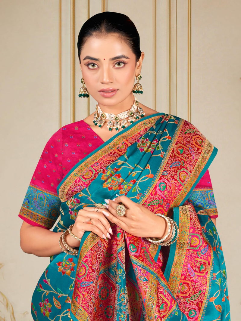 Glory Sarees Women’s Luxurious Dola Satin Pure Silk Original Saree Position Print Work Madhubani Inspired Motifs Banarasi Kanjivaram Style Saree With Blouse Piece (Elegant105_Firozi) - Image 5