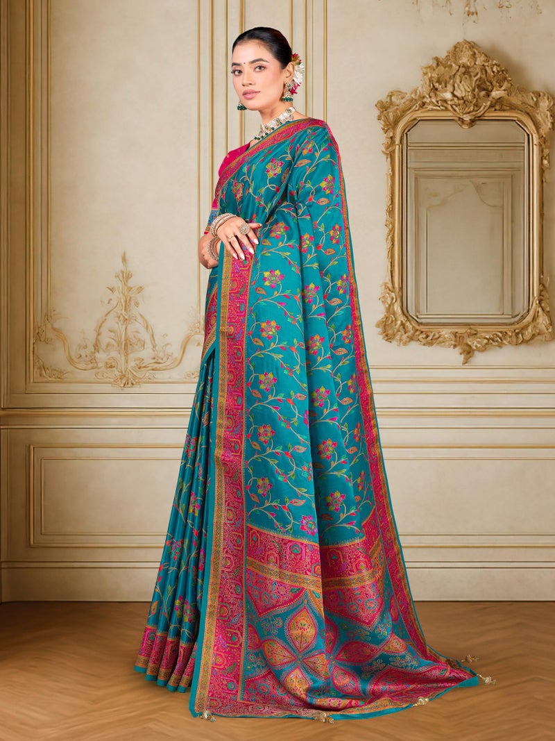 Glory Sarees Women’s Luxurious Dola Satin Pure Silk Original Saree Position Print Work Madhubani Inspired Motifs Banarasi Kanjivaram Style Saree With Blouse Piece (Elegant105_Firozi) - Image 2