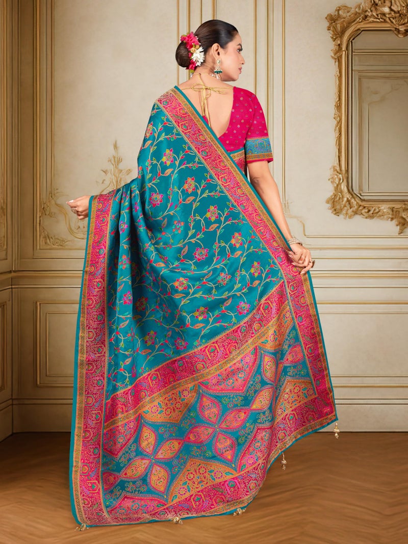 Glory Sarees Women’s Luxurious Dola Satin Pure Silk Original Saree Position Print Work Madhubani Inspired Motifs Banarasi Kanjivaram Style Saree With Blouse Piece (Elegant105_Firozi) - Image 3