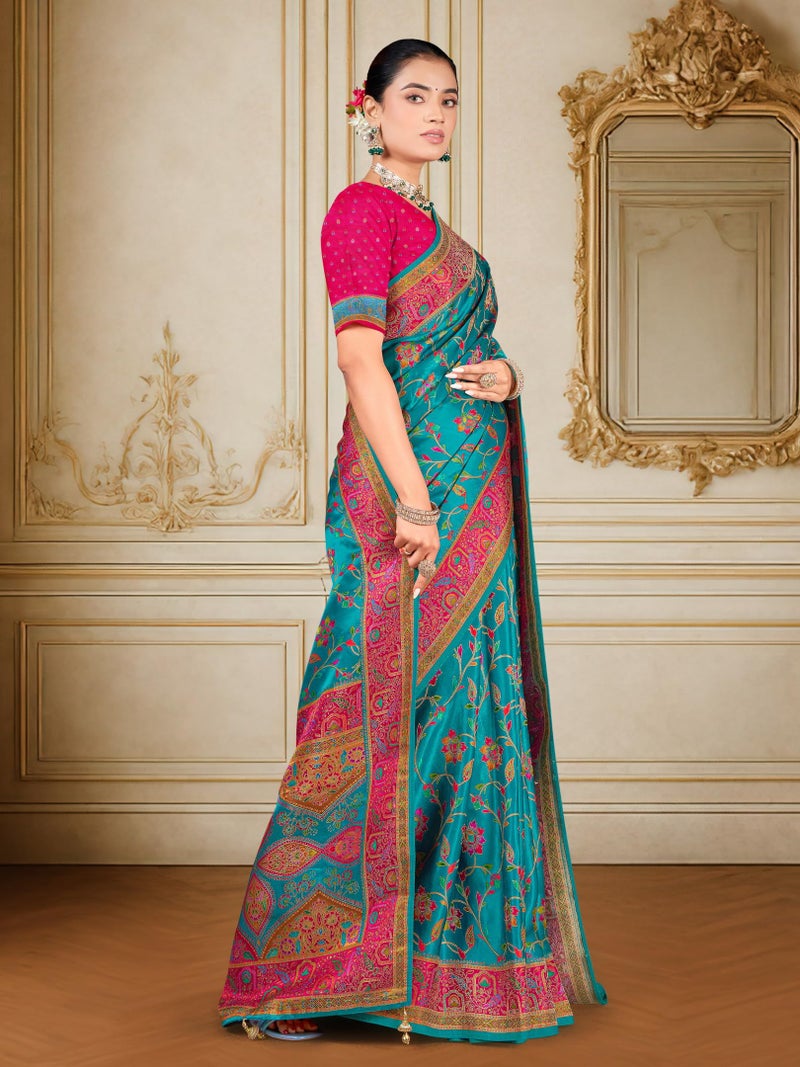 Glory Sarees Women’s Luxurious Dola Satin Pure Silk Original Saree Position Print Work Madhubani Inspired Motifs Banarasi Kanjivaram Style Saree With Blouse Piece (Elegant105_Firozi) - Image 4