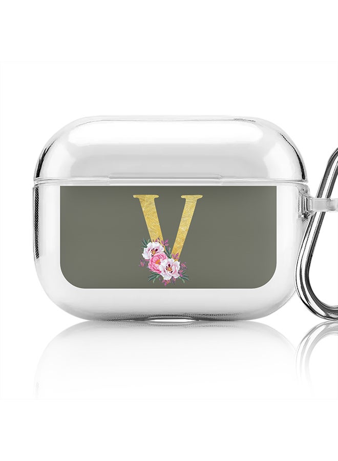 Stylizedd Classic Clear printed Case for Apple AirPods Pro 2nd Generation Thin Transparent Cover - Custom Monogram Initial Letter Floral Pattern Alphabet - V (Olive Green ) - Image 1