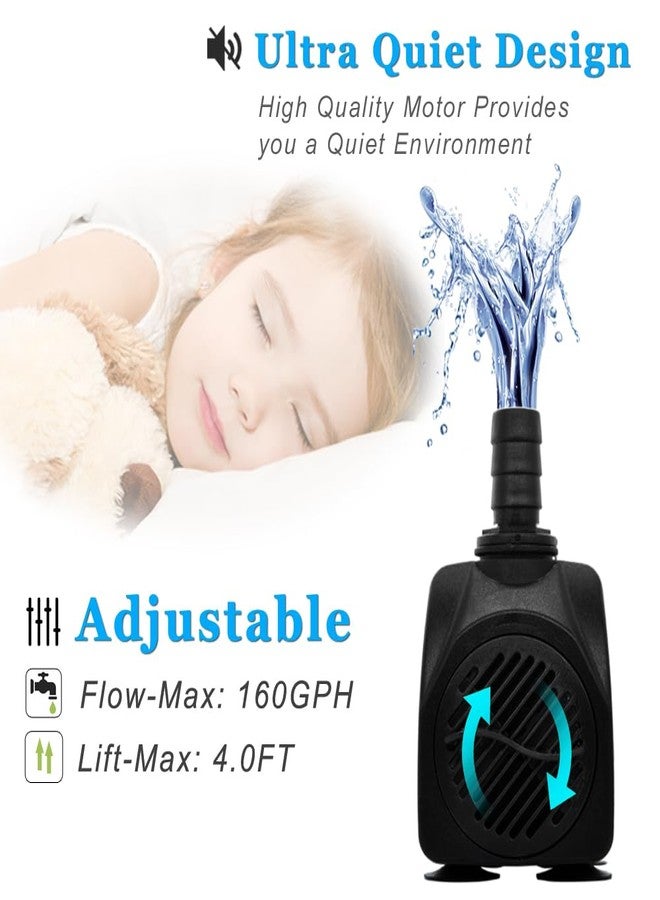 PULACO 160GPH Small Fountain Pump, Ultra Quiet Submersible Water Pump (600L/H, 10Watt) with 3.3 ft Tubing for Aquariums, Pond Fountain, Water Feature, Indoor Fountains - Image 3