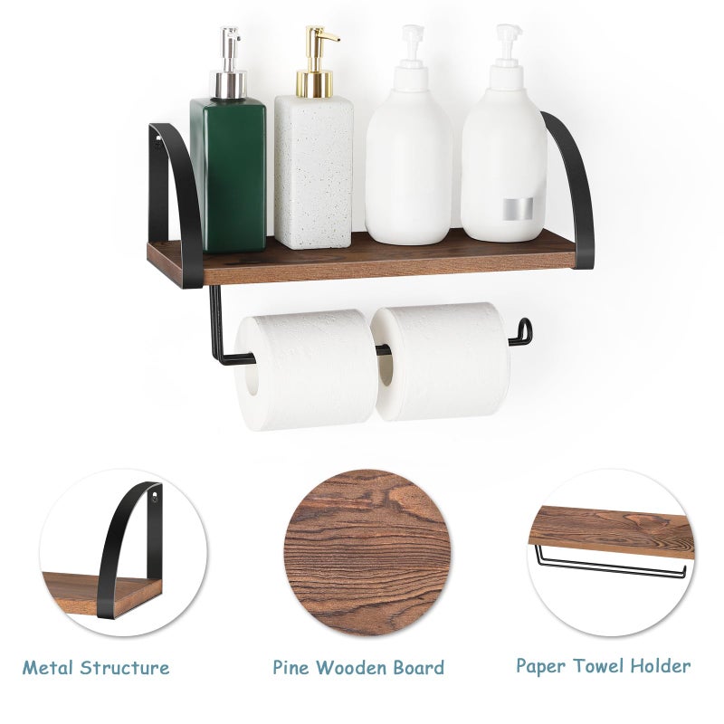 BTY Paper Towel Holder Wall Mount Farmhouse Wood Paper Towel Holder with Shelf Hanging Paper Towel Roll Rack Under Cabinet Spice Rack for Kitchen Bathroom Organizer Rustic Brown - Image 5