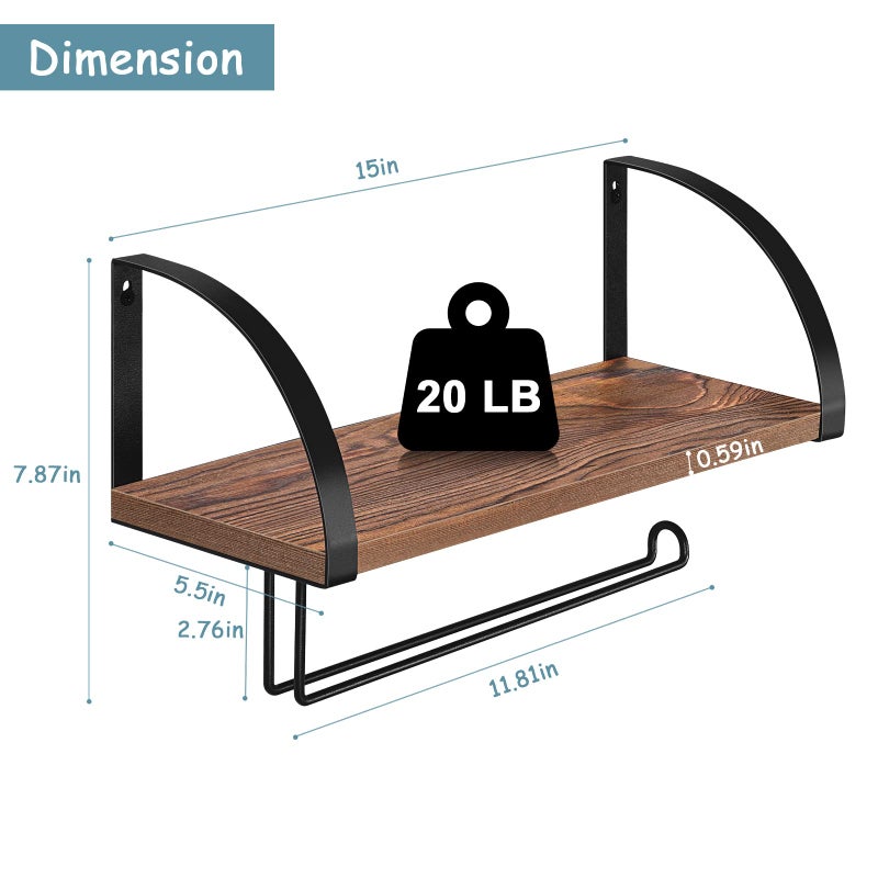 BTY Paper Towel Holder Wall Mount Farmhouse Wood Paper Towel Holder with Shelf Hanging Paper Towel Roll Rack Under Cabinet Spice Rack for Kitchen Bathroom Organizer Rustic Brown - Image 3
