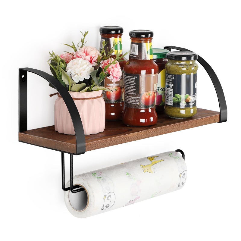 BTY Paper Towel Holder Wall Mount Farmhouse Wood Paper Towel Holder with Shelf Hanging Paper Towel Roll Rack Under Cabinet Spice Rack for Kitchen Bathroom Organizer Rustic Brown - Image 1