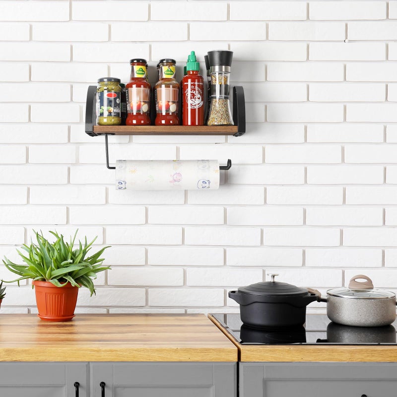 BTY Paper Towel Holder Wall Mount Farmhouse Wood Paper Towel Holder with Shelf Hanging Paper Towel Roll Rack Under Cabinet Spice Rack for Kitchen Bathroom Organizer Rustic Brown - Image 2