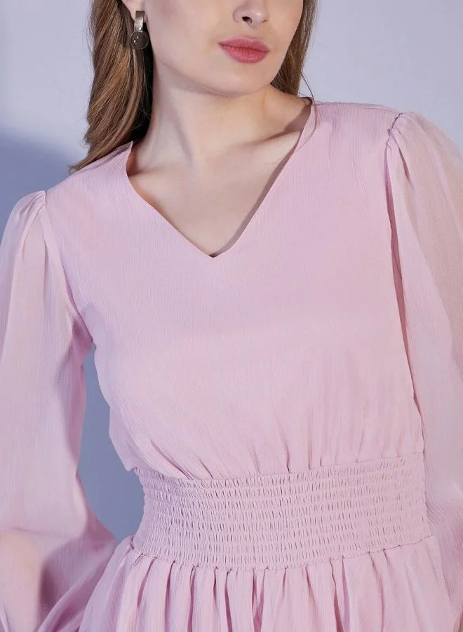مرفوعة Women Fit and Flared Solid V-Neck Long Sleeve Tiered Dress