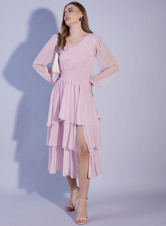 Women Fit and Flared Solid V-Neck Long Sleeve Tiered Dress