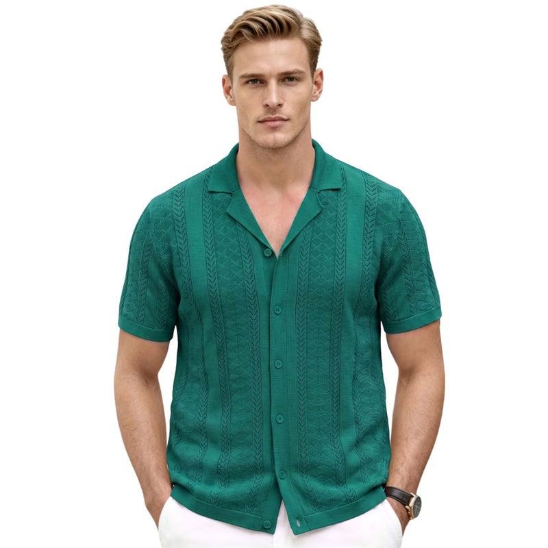 Men's Cuban Collar Knit Cardigan, Breathable & Lightweight - Image 1