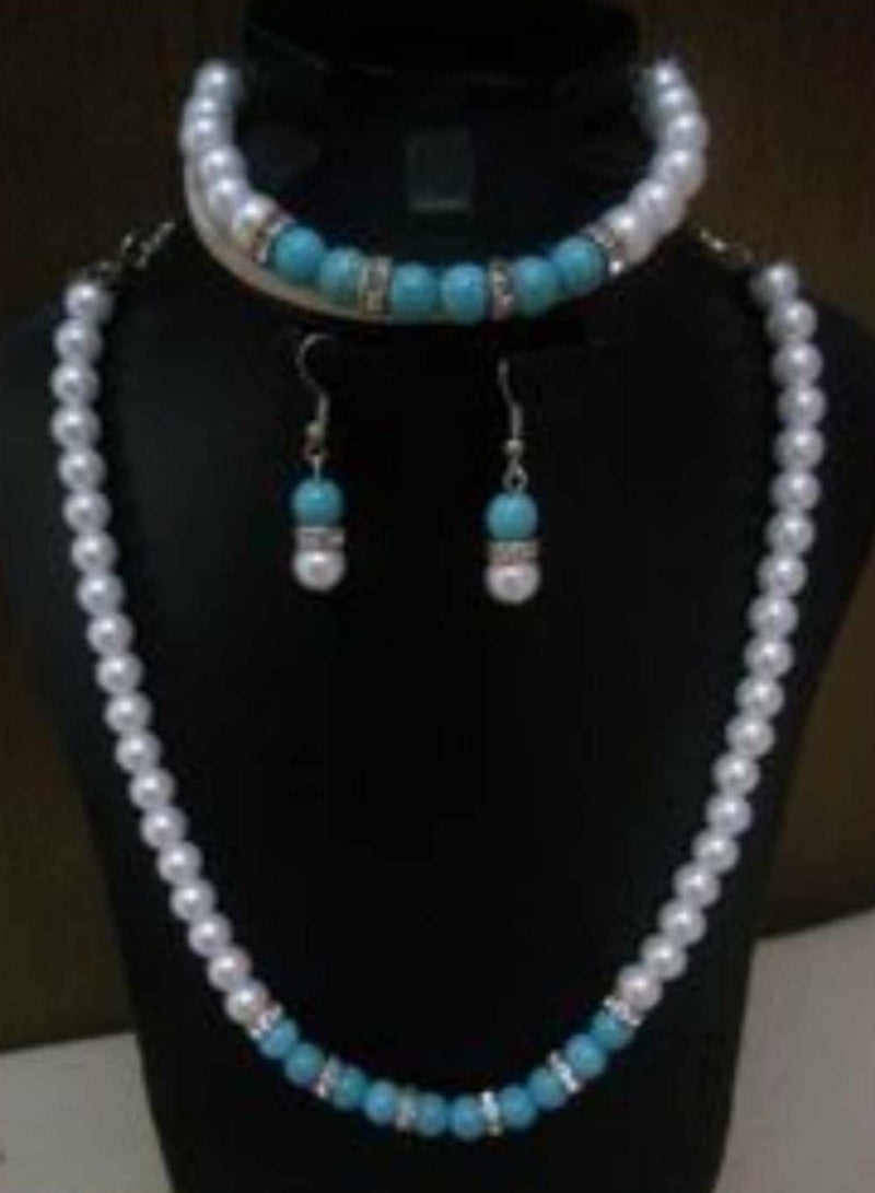 RA accessories Women Set Of Pearls Necklace& Bracelet Off White With Turquoise 