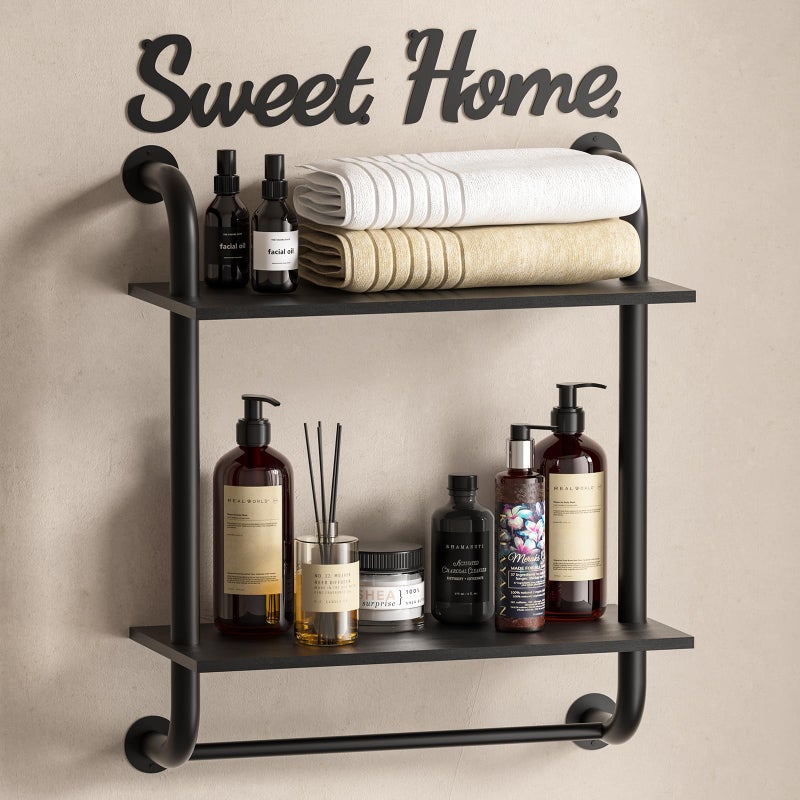 Tinpin Bathroom Shelves Wall Mounted Rustic Farmhouse Pipe Shelves Wall Shelves 2Tier Industrial Pipe Shelving Floating Shelf Decor for Bathroom Kitchen Bedroom Living Room 173in Black