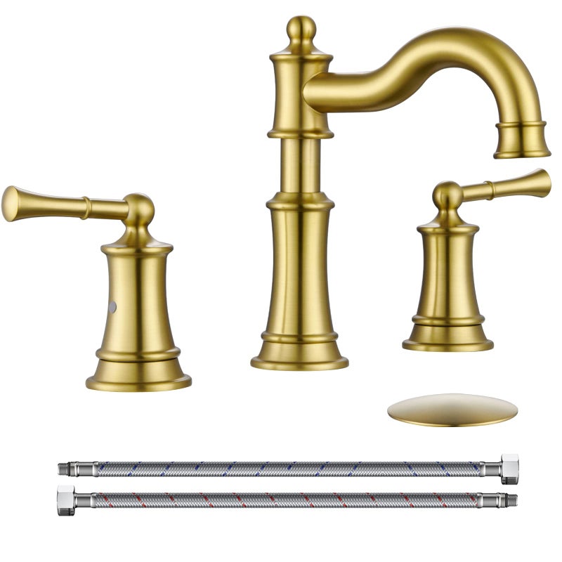 WINKEAR Roman Bathroom Sink Faucet 3 Holes Brushed Gold 2 Handle Widespread 8 inch Deck Mount Installation with Overflow Pop Up Drain Assembly and Water Supply Lines