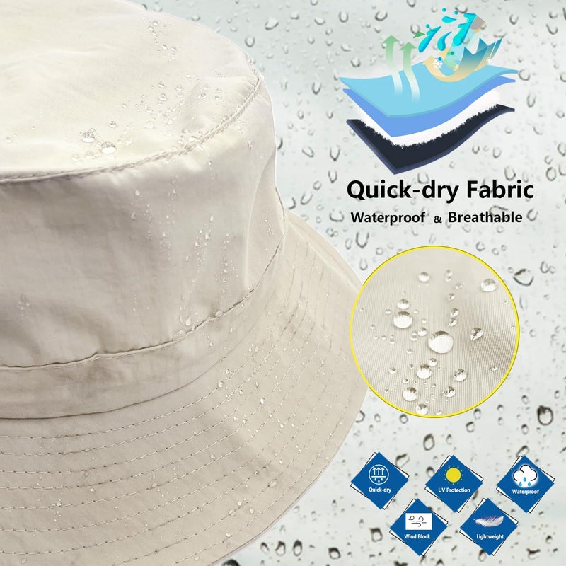 woogwin Waterproof Bucket Rain Hat with Chin Strap Quick Dry Packable Boonie Sun Hat Safari Hat UV Protection(Beige) - Image 3