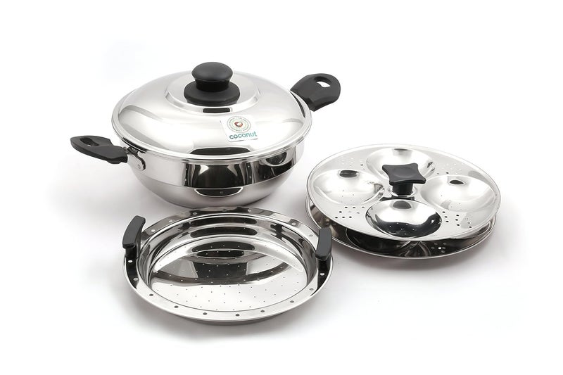 Coconut Stainless Steel Idly Steamer - 8 Idly, Extra Thick Sandwich Bottom Base -Works on Gas and Induction Stove - Works as a kadhai and Steamer Also - Image 1