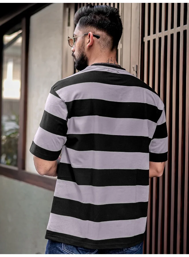 Maniac Mens Striped Mens Round Neck 3/4th Sleeve Black & Grey Oversized Fit T-Shirt