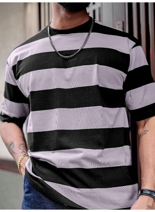 Maniac Mens Striped Mens Round Neck 3/4th Sleeve Black & Grey Oversized Fit T-Shirt