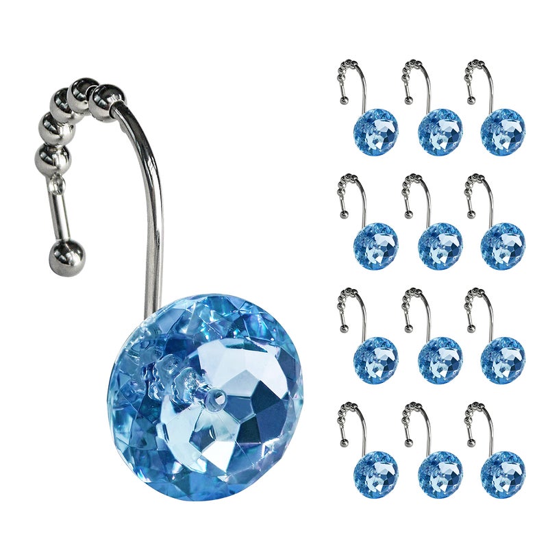 Sunlit Sunlit Luxury Design Round Blue Diamond Crystal Gem Bling with Glide Balls Shower Curtain Hooks Rust Proof Metal Rhinestones Glam Shower Curtain Rings12 Pack 