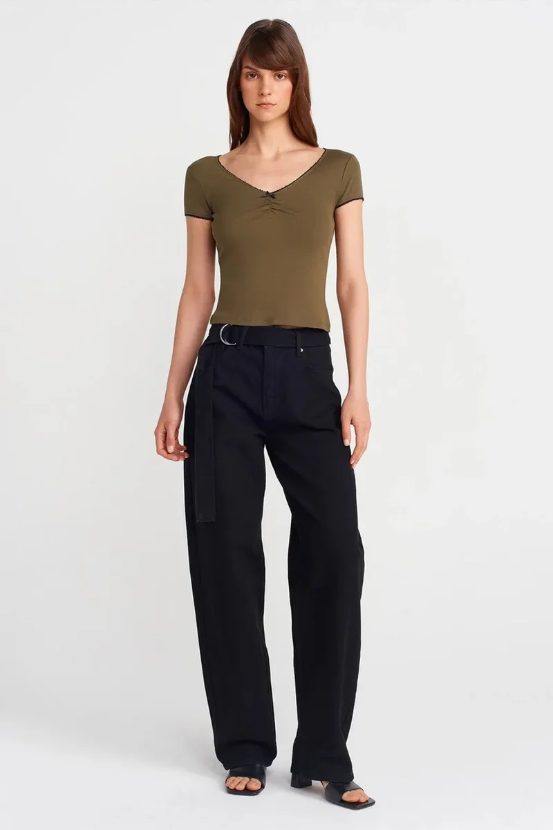 Dilvin Khaki Green DILVIN Women's Cotton Crop Blouse With Frill Trim for Women | Best Price UAE