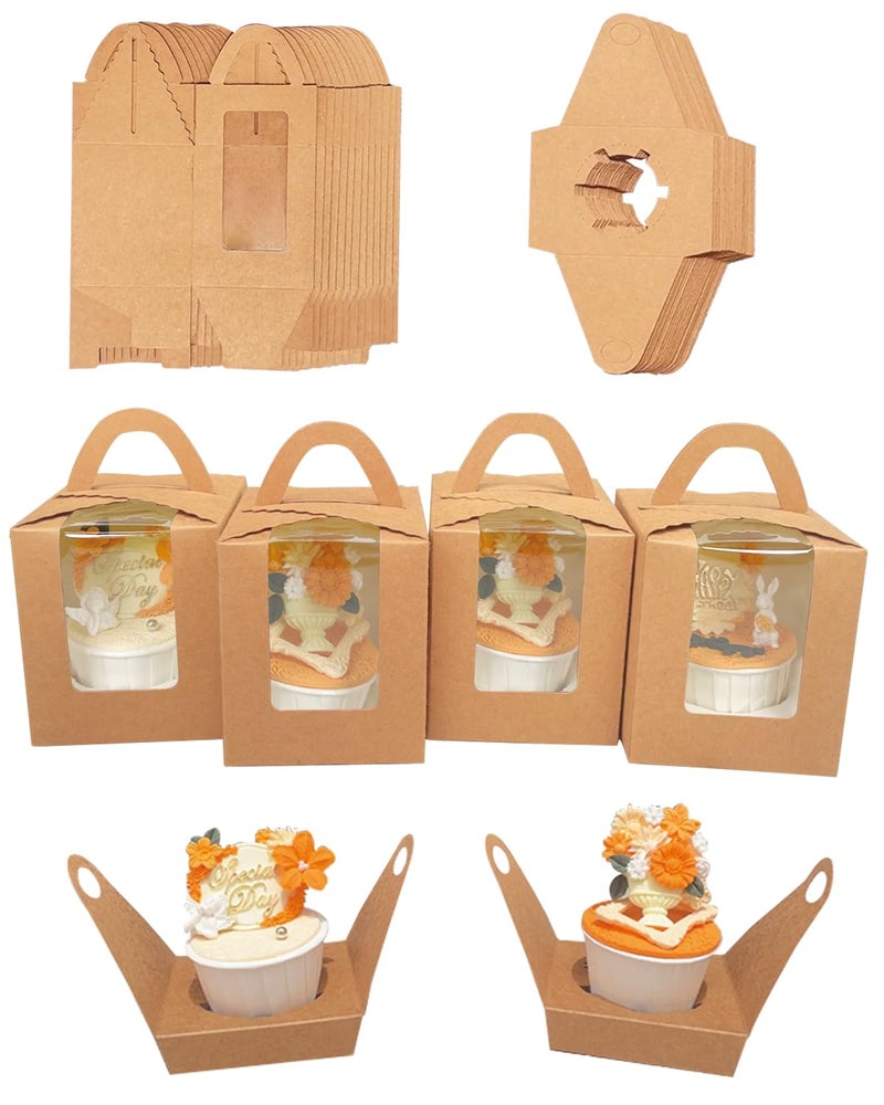 Bakepacker Auto-pop up Individual Cupcake Boxes with Window 25 Count Brown Single Cupcakes Box 3.7 x 3.7 x 4.3inch Cupcake Carrier - Image 3