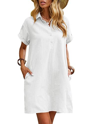 Zeagoo Women Shirt Dresses Short Sleeve Button Down Casual Cotton Soft Tunic Dress with Pockets White L - Image 1