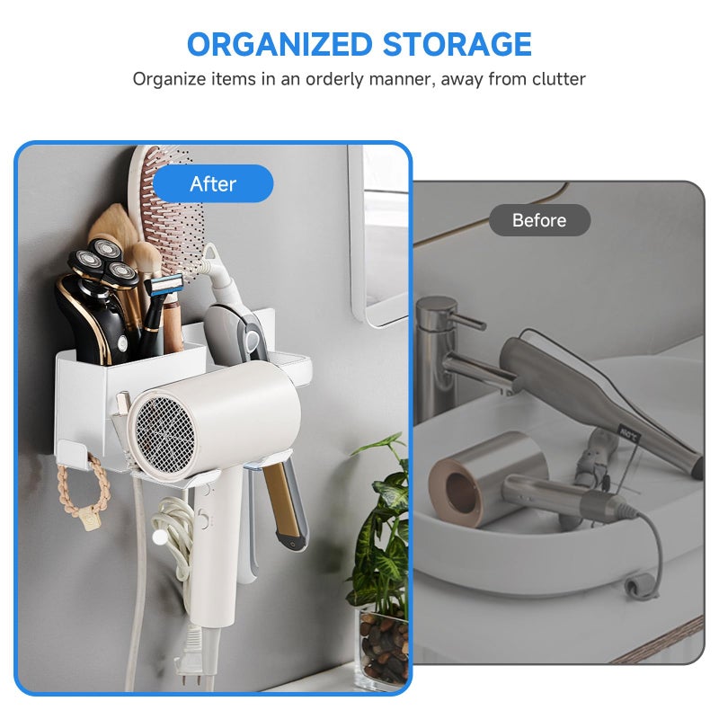 HOHOWU Hair Dryer Holder,Stainless Steel Wall Mounted Blow Dryer,Curling Iron,Straightener Holder Bathroom Metal Hair Tool Organizer Rack- White - Image 4