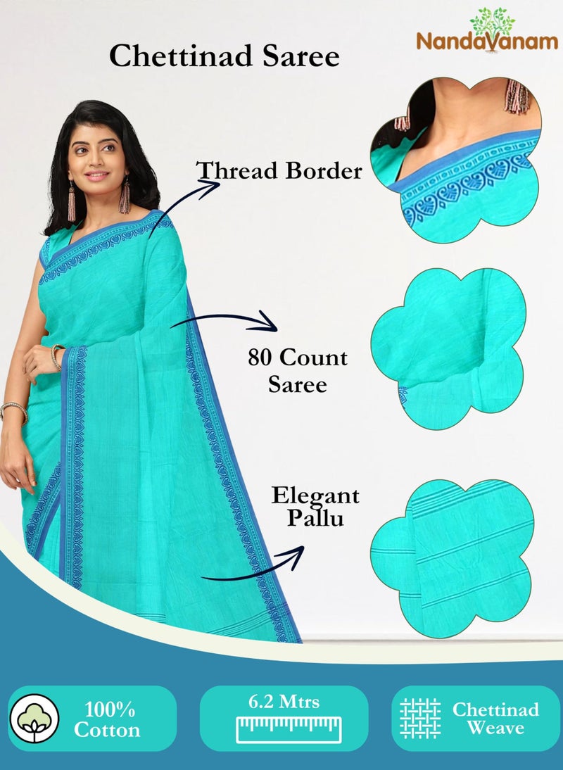 NandaVanam Women's Chettinad Cotton Sarees | Handloom Saree with Blouse | Pure Cotton Sarees for Women Daily use and All Occasion Wear| Soft, Comfort Cotton Saree (Aqua) - Image 2