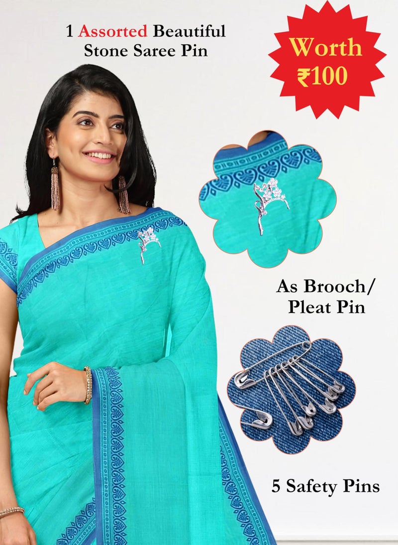 NandaVanam Women's Chettinad Cotton Sarees | Handloom Saree with Blouse | Pure Cotton Sarees for Women Daily use and All Occasion Wear| Soft, Comfort Cotton Saree (Aqua) - Image 3