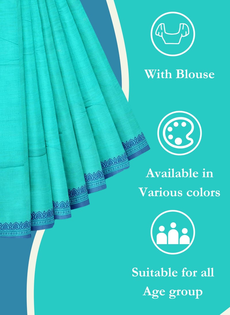 NandaVanam Women's Chettinad Cotton Sarees | Handloom Saree with Blouse | Pure Cotton Sarees for Women Daily use and All Occasion Wear| Soft, Comfort Cotton Saree (Aqua) - Image 5